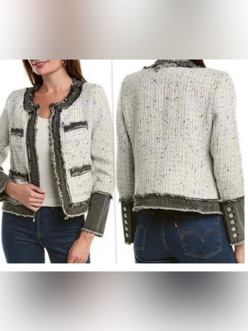 Nanette Lepore Denim Trim Bouclé Tweed Jacket.